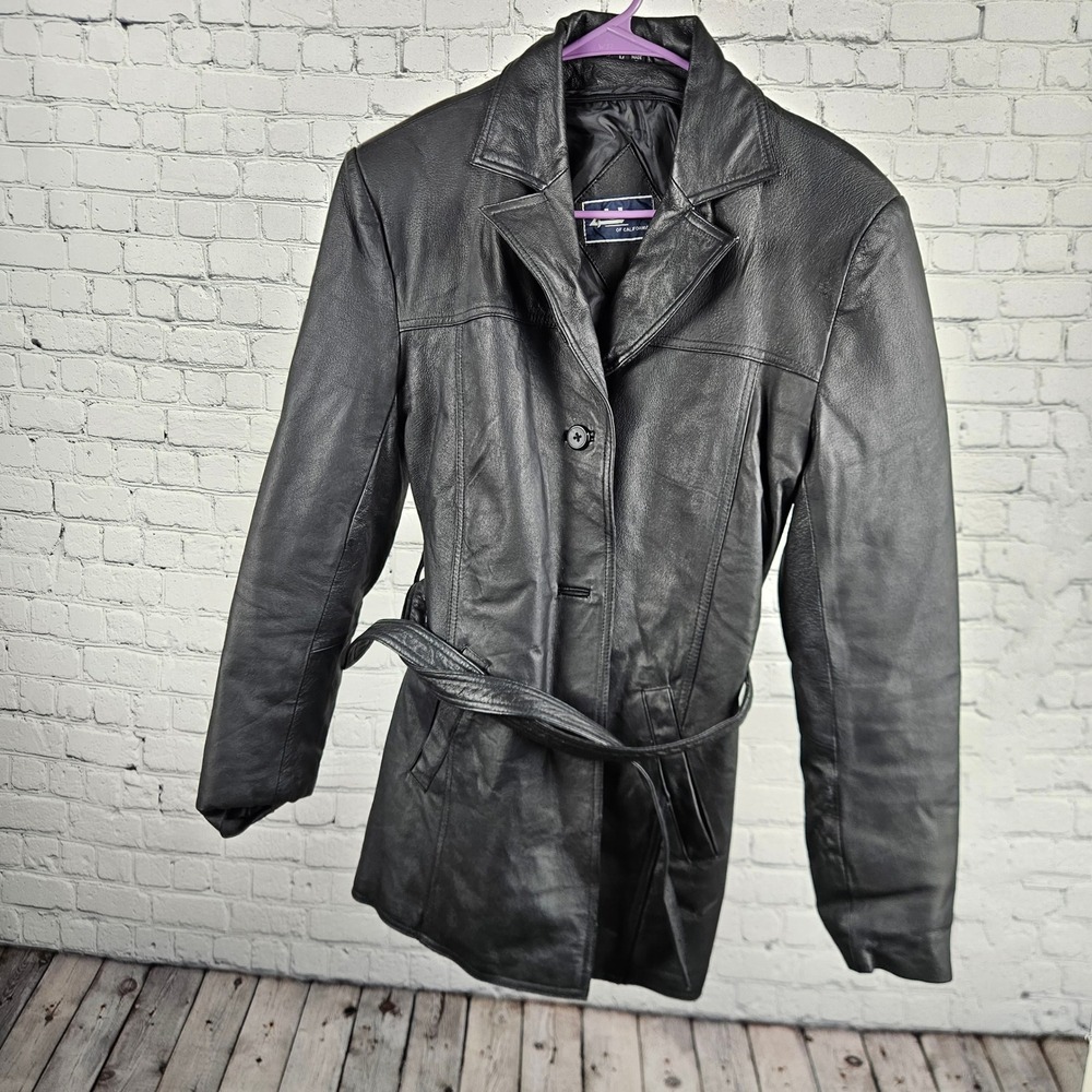 4U of California Mens Black Genuine Leather Belted Trench Coat Jacket Size M